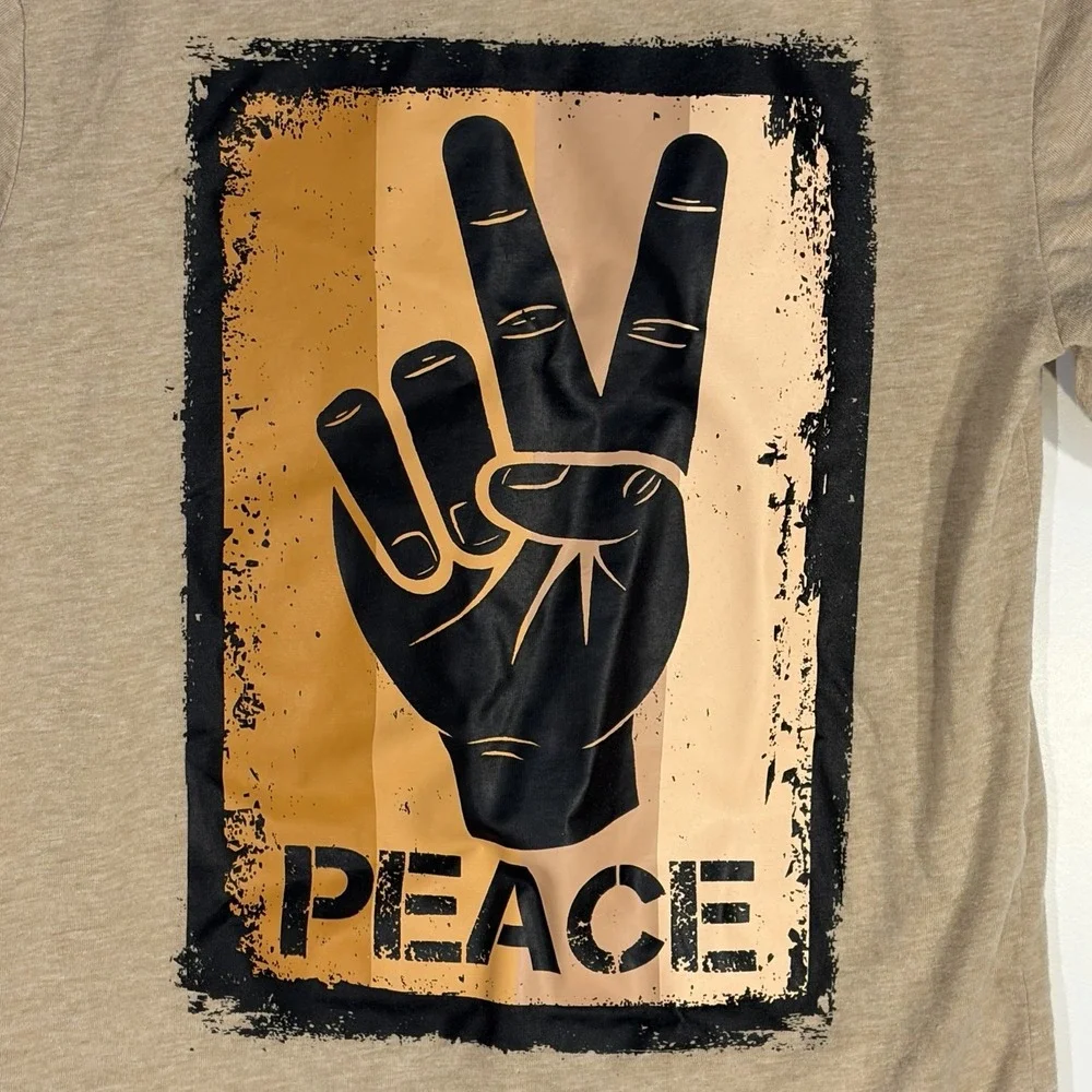 The Children's Place Peace Graphic T-Shirt Kids M 7/8 Tan Short Sleeve Tee